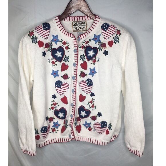 Heirloom Collectibles Patriotic Cardigan Sweater Embroidery Flags Hearts Size M - Picture 2 of 9
